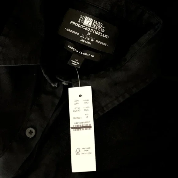 NWT!! J. CREW Garçon Classic Shirt Baird McNutt Irish Linen Solid Black Size 12